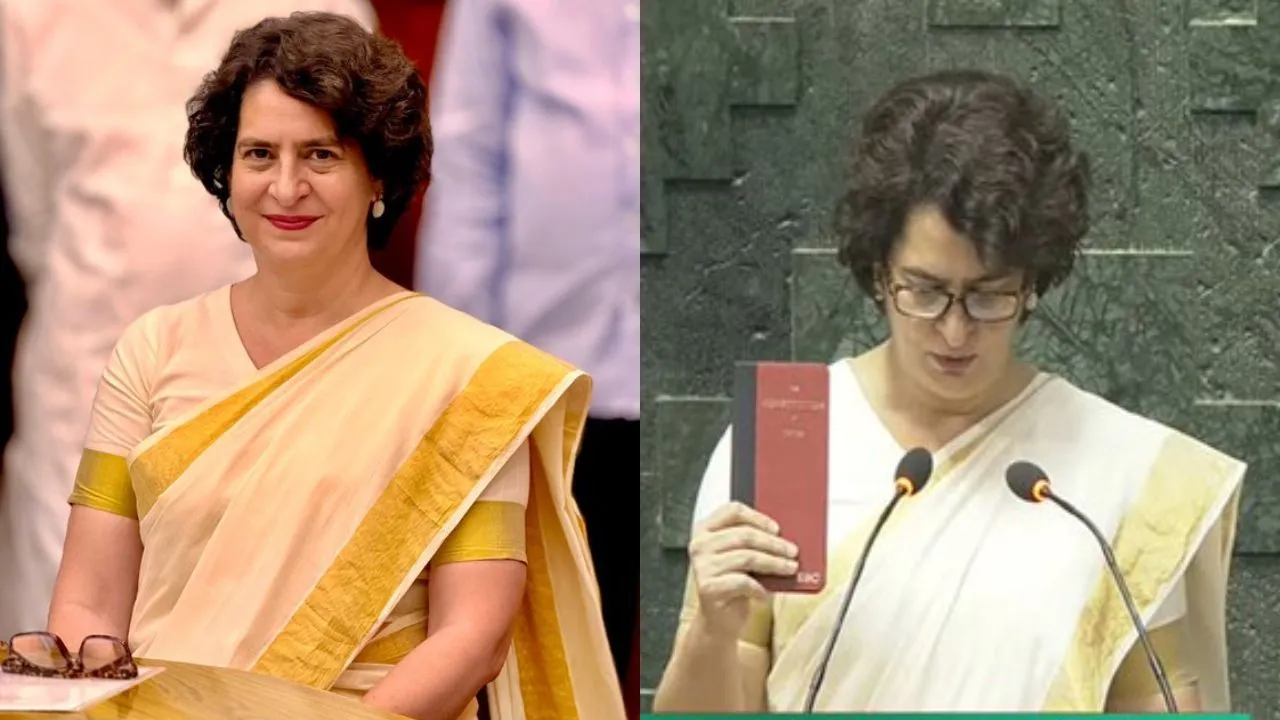 संविधान की किताब हाथ में पकड़कर, भाई राहुल के अंदाज में प्रियंका गांधी ने ली शपथ