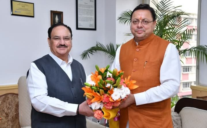 मुख्यमंत्री धामी ने केंद्रीय स्वास्थ्य मंत्री जेपी नड्डा से शिष्टाचार भेंट की